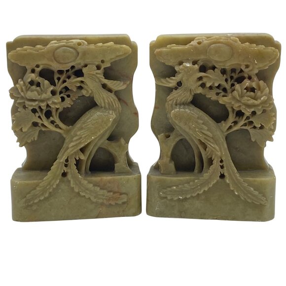 Vintage Pair of Hand-Carved Green Soapstone Bookends Phoenix Bird Lotus Flower - Picture 1 of 16